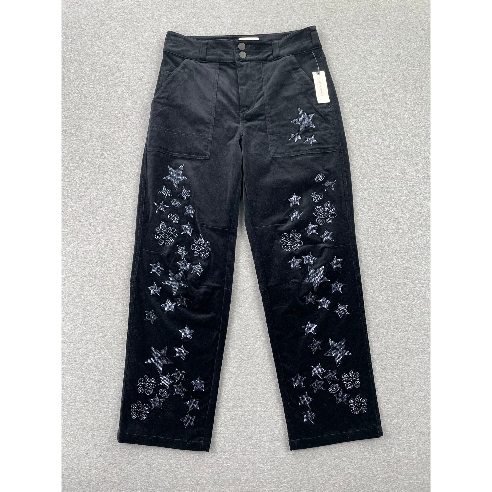 Anthropologie Pilcro The Wanderer Star Embellished Velvet Pants 26 Black Beaded